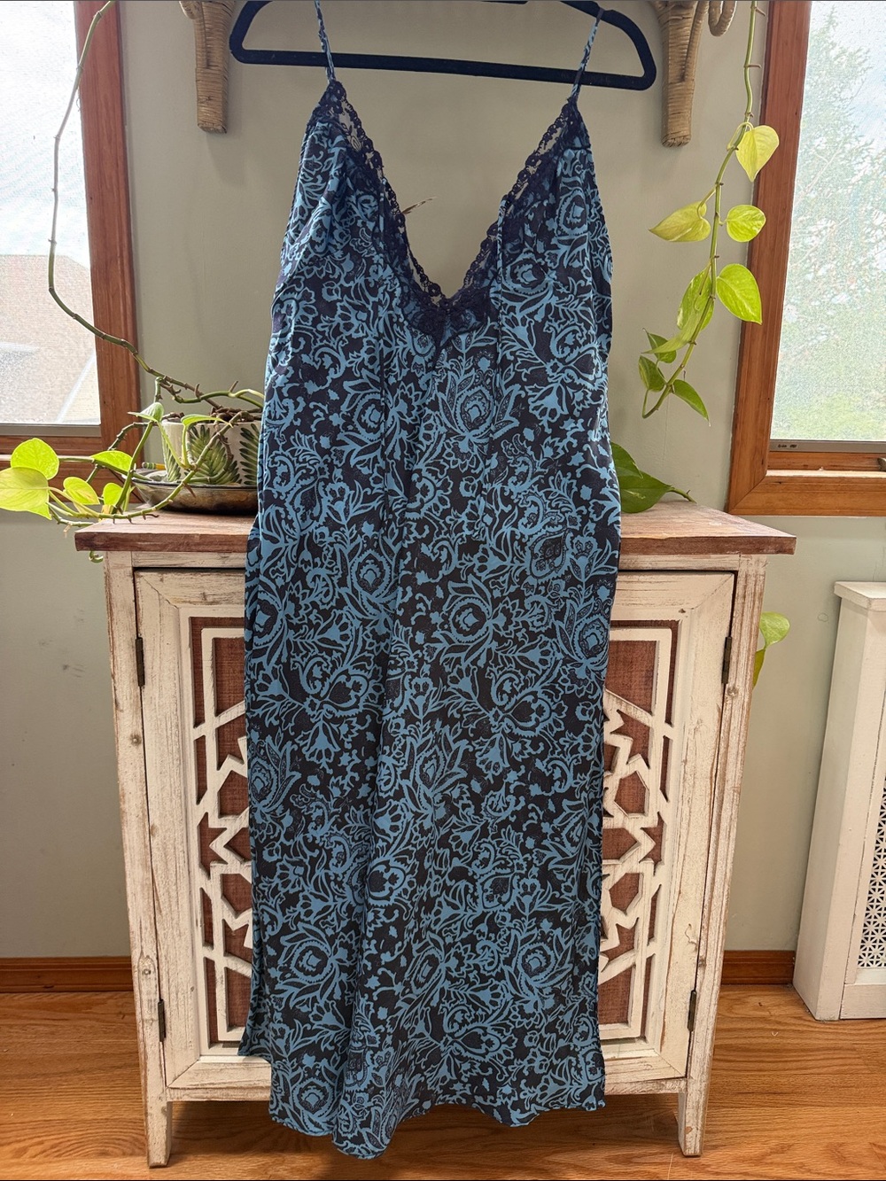 Free People Blue and Black Lace-Trim Slip Dress